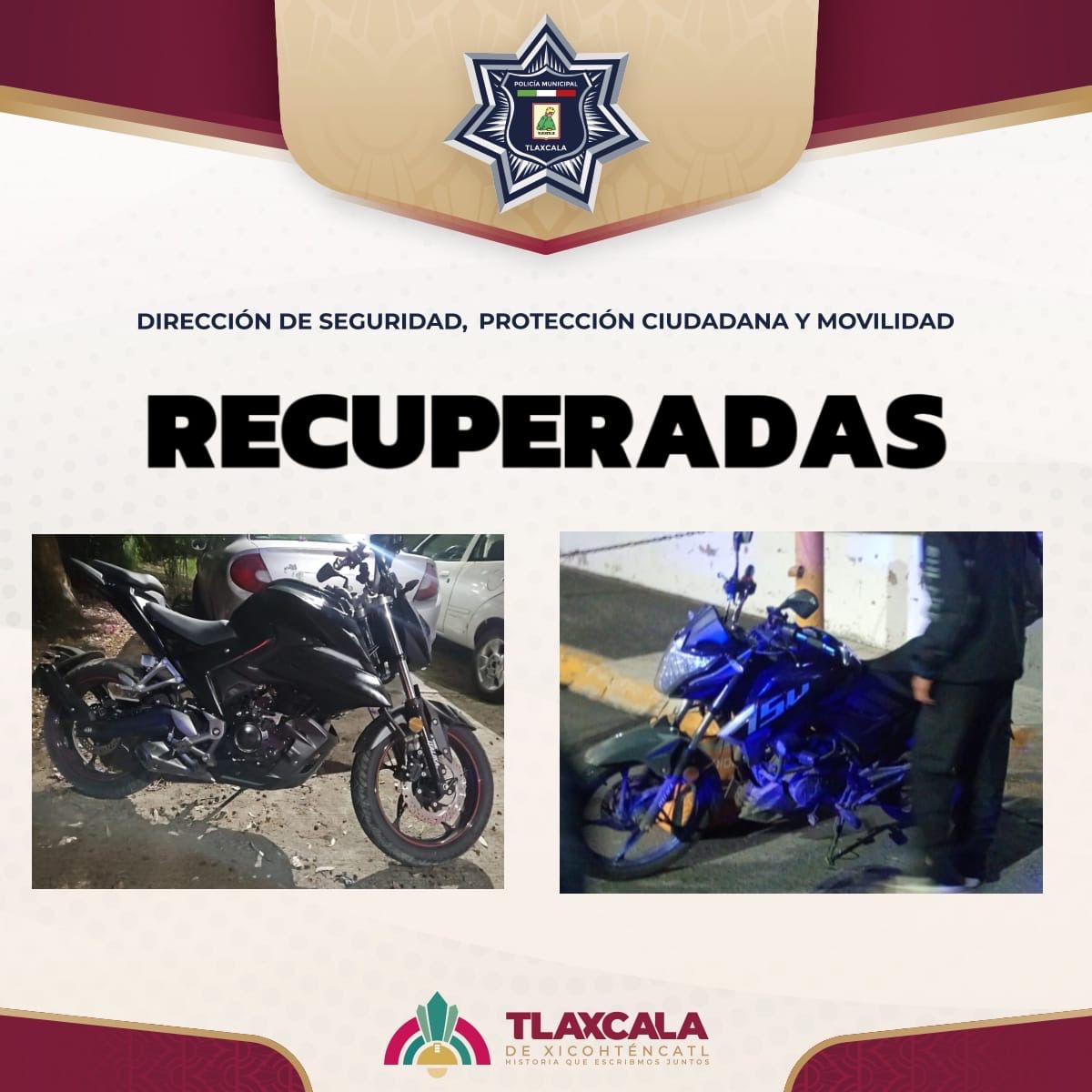 Policía Municipal de Tlaxcala asegura dos motocicletas con reporte de robo